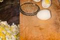 Simple egg slicer, whole and sliced boiled eggs close-up Royalty Free Stock Photo