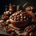 Pecan nuts presented in wooden bowl on wooden table