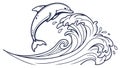 Graceful line art of two dolphins leaping from a swirling wave. vector design Generative AI Royalty Free Stock Photo