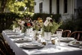 simple and elegant outdoor table setting with fresh flowers, white plates, and silverware Royalty Free Stock Photo