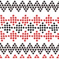 Simple ethnic black and white and red triangles and rhombus seamless pattern, vector