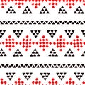 Simple ethnic black and white and red triangles and rhombus seamless pattern, vector