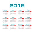 Simple european 2016 year vector calendar Royalty Free Stock Photo