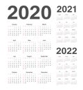 Simple european 2020, 2021, 2022 year vector calendars