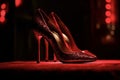 Simple expensive luxury pair of red high heels real detail stage spotlight.