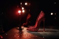 Simple expensive luxury pair of red high heels real detail stage spotlight.