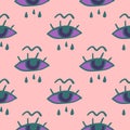 Simple eye and tears seamless pattern. Light pink background with green and purple face elements