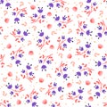 Simple feminine flower seamless pattern, vector illustration on white background. Blue and pink flowers with leaves and Royalty Free Stock Photo