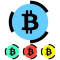 Simple, flat bitcoin icon. Broken black outline. Four variations