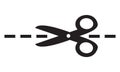 Simple flat black vector scissors icon, cut here line symbol