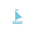 Simple flat boat with sail. Marine icon isolated on white. Blue color. Vector nautical illustration