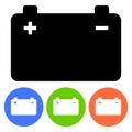 Simple, flat car battery/accumulator icon. Black/white silhouette. Four variations