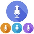 Simple, flat, circular microphone white silhouette icon. Casting a shadow. Four color variations