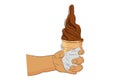 Simple Flat Color Hand Draw Sketch, Hand Holding Chocolate Ice Cream Cone, isolated on white