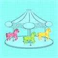 Simple flat colorless contour illustration of a carousel with three horses Royalty Free Stock Photo