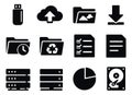 Simple flat design data and storage icons set featuring a usb drive, cloud, folders, documents, servers, pie chart, and hard drive Royalty Free Stock Photo