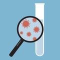 Simple flat design illustration of magnifying glass with bacteria and test tubes in laboratory. Search for covid-19 or coronavirus Royalty Free Stock Photo