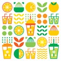 Simple flat illustration of abstract shapes of citrus fruits, lemons, lemonade, limes, leaves and other geometric symbols. Royalty Free Stock Photo