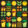 Simple flat illustration of abstract shapes of citrus fruits, lemons, lemonade, limes, leaves and other geometric symbols.