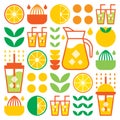 Simple flat illustration of abstract citrus fruits. Fresh orange juice ice drink icon with glass, jug, straw and plastic cup. Royalty Free Stock Photo