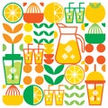 Simple flat illustration of abstract citrus fruits. Fresh orange juice ice drink icon with glass, jug, straw and plastic cup. Royalty Free Stock Photo