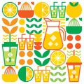 Simple flat illustration of abstract citrus fruits. Fresh orange juice ice drink icon with glass, jug, straw and plastic cup.
