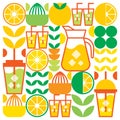 Simple flat illustration of abstract shapes of citrus fruits, lemons, lemonade, limes, leaves and other geometric symbols.