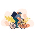 Simple flat illustration for delivery service. Cyclist with bag