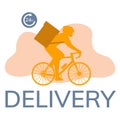 Simple flat illustration for delivery service. Cyclist with bag