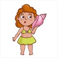 Simple flat illustration of a girl with a shell.