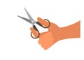 Hand holding scissor. Simple flat illustration.