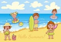 Simple flat illustration of kids on the beach. Cheerful boys and girls are swimming in the sea.