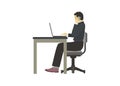 Male employee having a conversation by phone while typing on a laptop. Simple flat illustration.