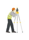 Male surveyor measuring land using a theodolite. Simple flat illustration.