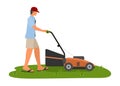 Man pushing lawn mower machine. Simple flat illustration Royalty Free Stock Photo