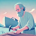 A simple, flat illustration of Noah building the ark, set in a serene landscape. Noah, an elderly man with a gentle expression, is Royalty Free Stock Photo