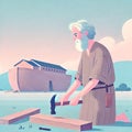 A simple, flat illustration of Noah building the ark, set in a serene landscape. Noah, an elderly man with a gentle expression, is Royalty Free Stock Photo