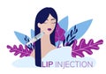 Simple flat illustration of a woman, girl injecting a lip injection. Concept illustration of a cosmetology procedure.