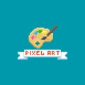 Simple flat pixel art cartoon illustration of paintbrush and art palette with spots of paint of different colors and a wh