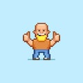 Simple flat pixel art illustration of cartoon bald smiling man with beard showing thumbs up with two hands