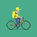 Simple flat pixel art illustration of cartoon character delivery man in yellow uniform with yellow backpack riding red bi