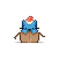 Simple flat pixel art illustration of cartoon cute blue kitten in red santa hat sitting in an open cardboard box