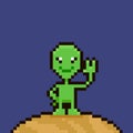 Simple flat pixel art illustration of cartoon friendly smiling green alien standing on the planet Royalty Free Stock Photo