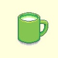 Simple flat pixel art illustration of cartoon green cup with milk in the style of retro video games