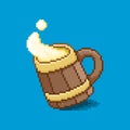 Simple flat pixel art illustration of cartoon hand drawn wooden mug with splashing beer