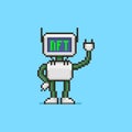 Simple flat pixel art illustration of cartoon humanoid robot with text NFT non-fungible token on display instead of a fac