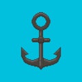 Simple flat pixel art illustration of cartoon navy black ship anchor on aquamarine background