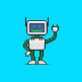 Simple flat pixel art illustration of cartoon smiling humanoid robot with a display instead of a face