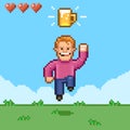 simple flat pixel art illustration of cartoon smiling male retro video game character bouncing under a mug of beer