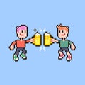 Simple flat pixel art illustration of cartoon two smiling guys clinking glasses of beer